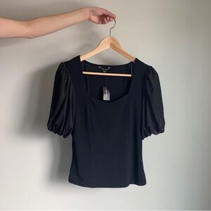 Sweetheart Neckline Mix Media T-Shirt with Puffy Sleeves, XS, BNWT